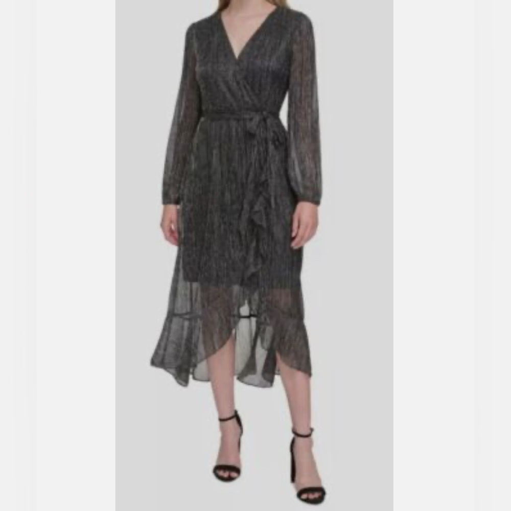 Kenzie Metallic Crinkle Faux Wrap Midi Dress